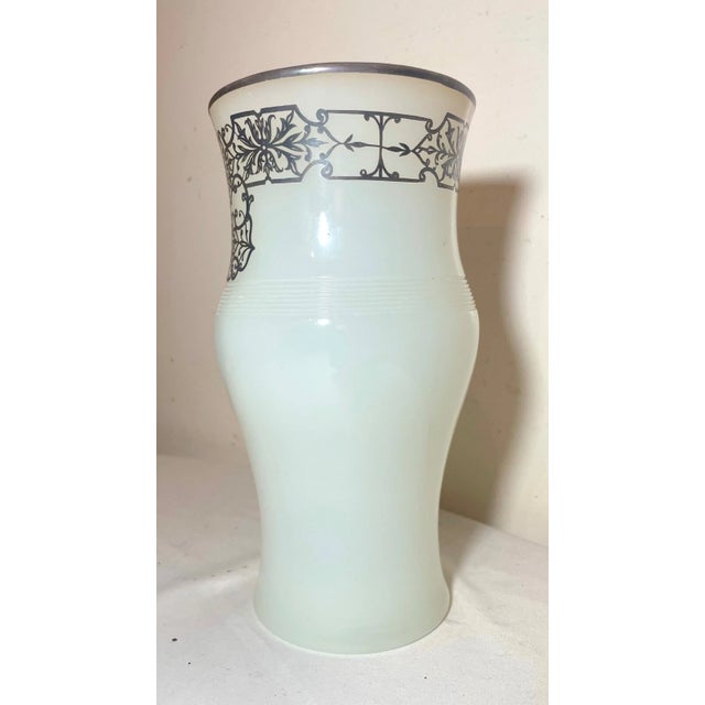 Victorian Antique Ornate Sterling Silver Overlaid Opal Opaline Tall Glass Vase For Sale - Image 3 of 12