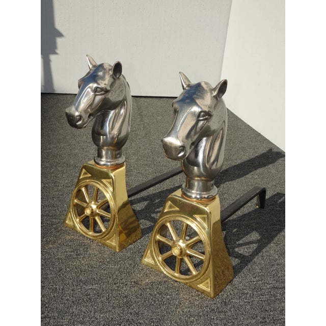 Gold Brass and Silver Cast Iron Horse Equestrian Andirons - a Pair For Sale - Image 4 of 13