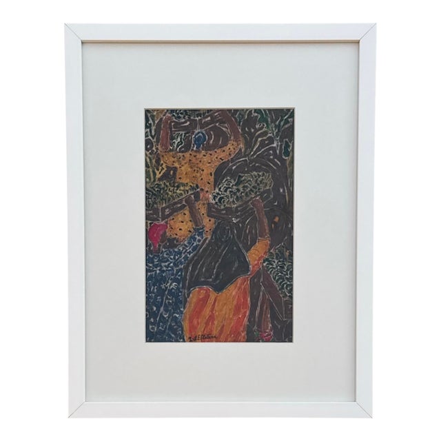 1960s Inji Efflatoun “Untitled” Mixed Media Painting, Egypt For Sale