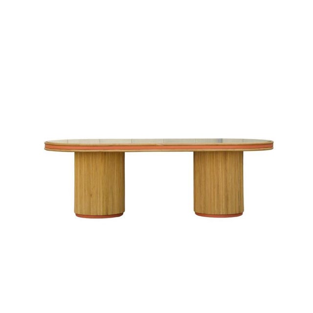 Java dining table in tinted rattan & imitation grained leather by popus editions. Dimensions: w 230 x d 100 x h 75 cm....