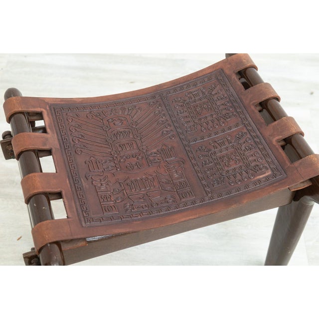 Rustic Handmade Ottoman With Embossed Leather Seat by Angel Pazmino From Ecuador For Sale - Image 3 of 6
