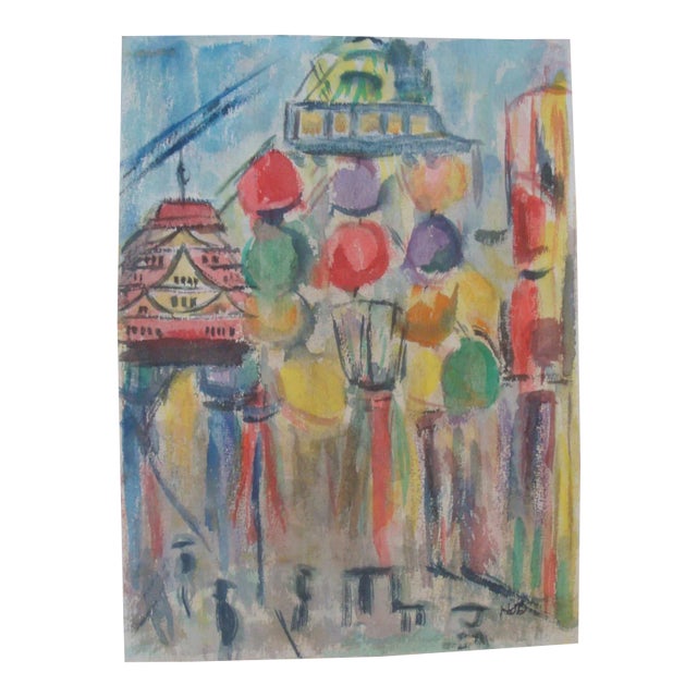 Abstract Mid-Century Modern Festival Street Scene Watercolor Painting For Sale