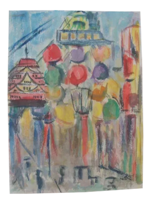 Abstract Mid-Century Modern Festival Street Scene Watercolor Painting
