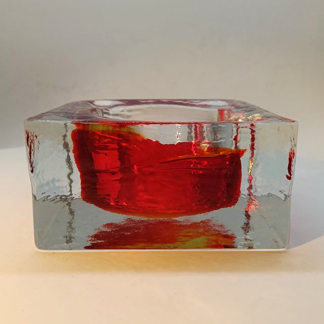 Big Square Ashtray or Catch-all in Murano Glass by Flavio Poli for Seguso. Stunning Red and Golden Yellow Submerged...