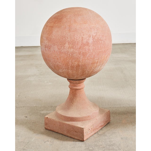 Ceramic Pair of Tuscan Terracotta Garden Sphere Finials on Pedestals For Sale - Image 7 of 18