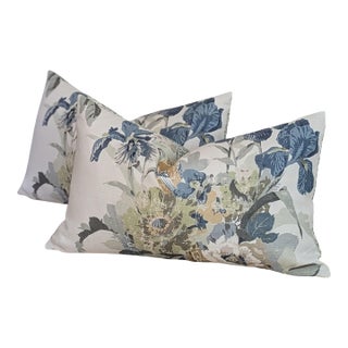 Gp & J Baker Birds & Iris Lumbar Pillows in Soft Teal For Sale