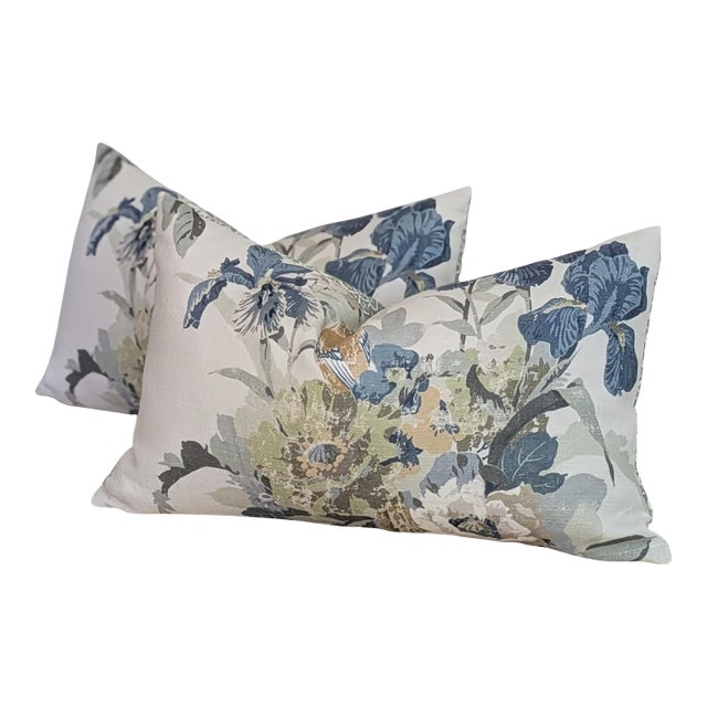 Gp & J Baker Birds & Iris Lumbar Pillows in Soft Teal For Sale