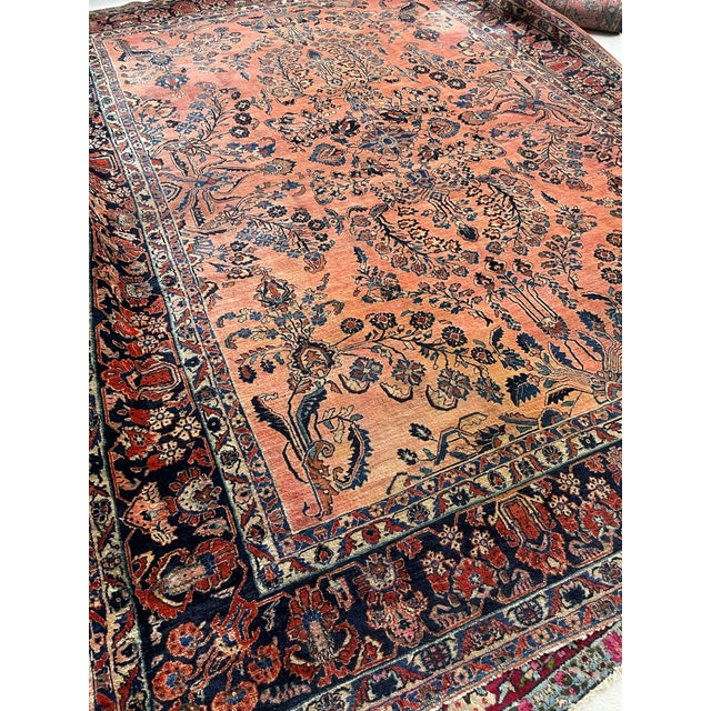 Antique Botanical Sarouk GEM Salmon, Coral, Pink & Peacock Blue Rug 10.3 x 13.4 For Sale - Image 14 of 14