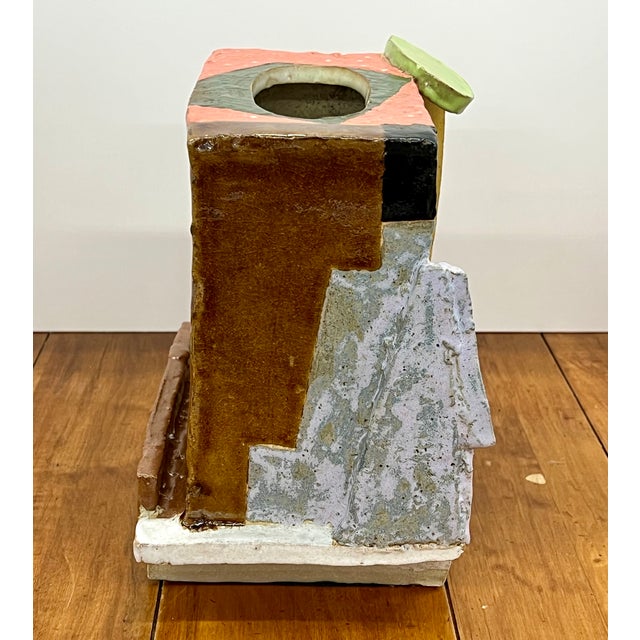 Signed “Gill” (2012) Sculptural Ceramic Vessel / Planter Polychrome Slab Built Studio Art John Gill For Sale - Image 9 of 13