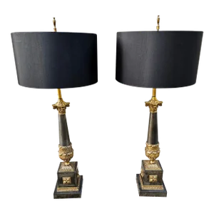 Pair of Vintage French Empire Neoclassical Column Table Lamps in Manner of Maison Charles