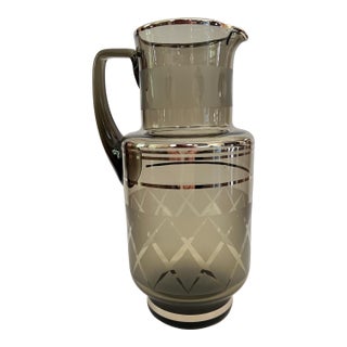 Mid Century Bar Pitcher, Smoky Glass with Etching and Silver For Sale