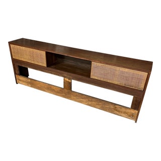 Mid Century Modern King Size Headboard Walnut and Caning Storage For Sale