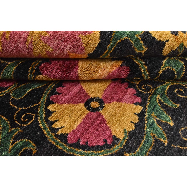 Black Suzani Rug 8'3'' X 10'6'' Black Wool Traditional Hand-Knotted Oriental Carpet For Sale - Image 8 of 12