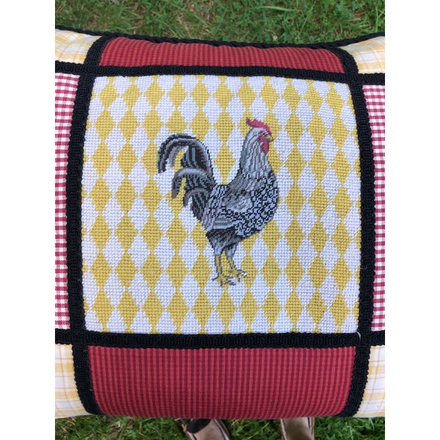 Handsome French Country Rooster Pillow done in needlepoint, fabrics, and trims. Down/Feather insert in muslin. Great...