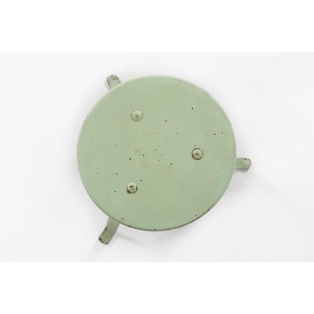 Metal Industrial Green Painted Stool with Steel Base and Wooden Top, 1930s For Sale - Image 7 of 9