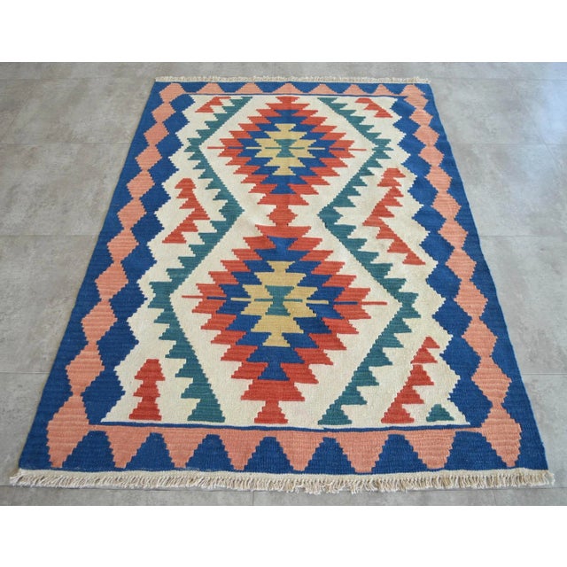 Hollywood Regency 1980s Vintage Hand Woven Turkish Rug Flat Weave Wool Area Kilim Oushak Rug For Sale - Image 3 of 6