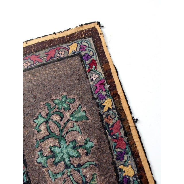 Antique Hand Hooked Floral Wool Rug With Brown Field and Colorful Border For Sale - Image 14 of 15