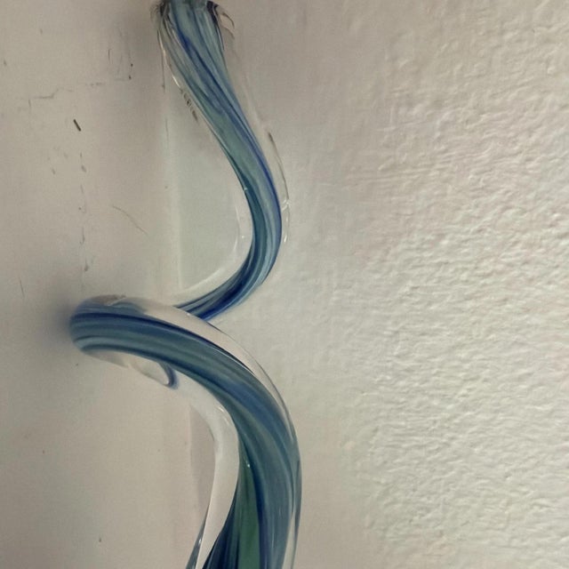 Hand Blown Murano Style Glass Flower Green Blue Confetti Style & Curled Stem For Sale - Image 4 of 5