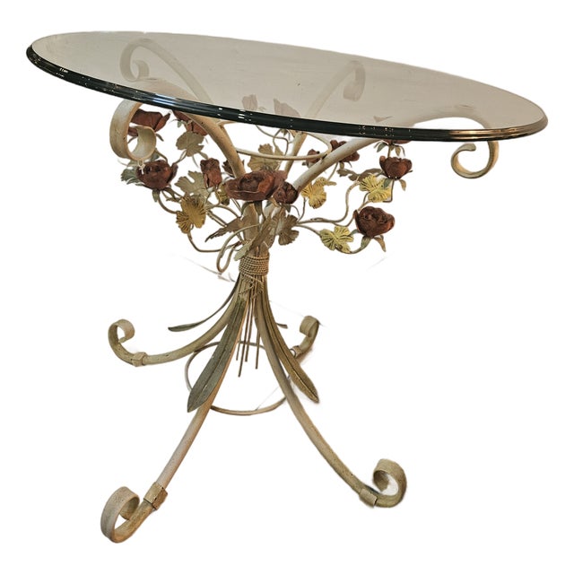 1960s Painted Italian Tole Glass Top Table With Pink Roses For Sale