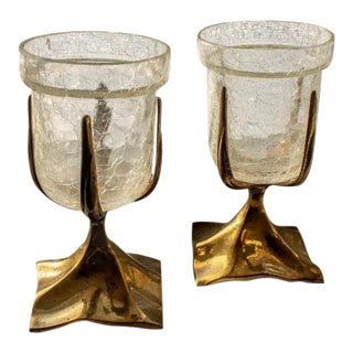 Vintage Brass and "Crack Glass" Votives- Set of 2 For Sale
