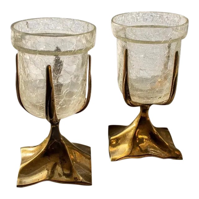 Vintage Brass and "Crack Glass" Votives- Set of 2 For Sale