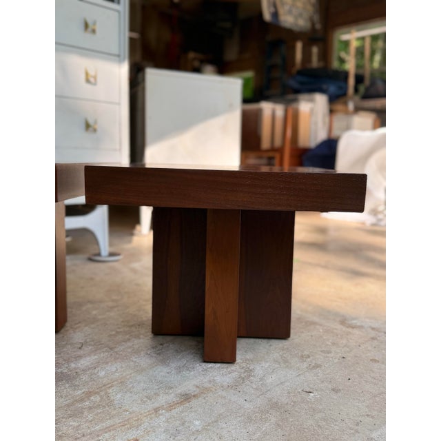 1960s Walnut Cruciform Side Tables Attributed to Milo Baughman, Pair For Sale - Image 6 of 12