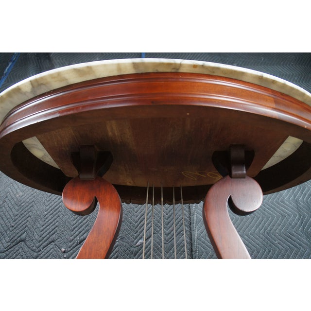 1970s 2 Victorian Revival Cherry Marble Top Lyre Harp Hall Entry Parlor Console Tables For Sale - Image 10 of 13