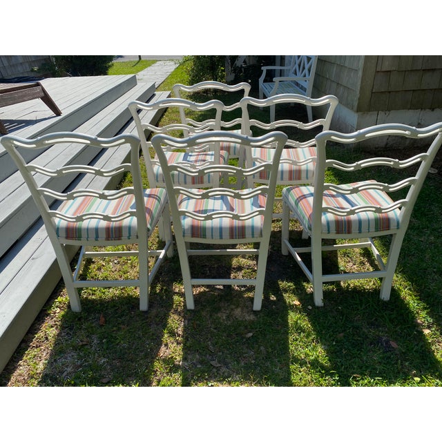 Set of 6 Vintage Painted Mahogany Chippendale Ribbon Back Dining Chairs With New Perennials Striped Fabric For Sale - Image 9 of 14