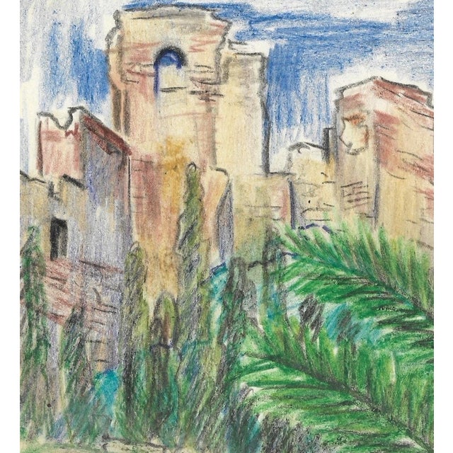 Grace Spongberg (American, 1906-1992) "Moorish Fort / Malaga." oil pastel on paper, titled and estate stamp on reverse....