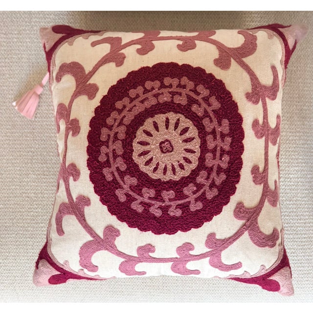 Pink Canvello Style Burgundy and Pink Embroidered Medallion Pillow Cover With Tassel For Sale - Image 8 of 8