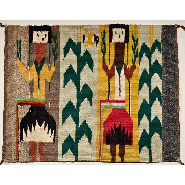 American Vintage Native American Yei Rug, Handwoven Wool, Navajo Deity Pictorial Pattern, 20” X 26” For Sale - Image 3 of 12