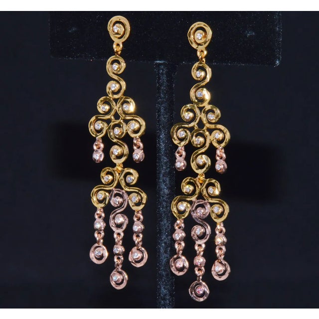 Certified natural 18K solid rose gold and yellow gold chandelier earrings with 1.55CTS of round brilliant cut diamonds....