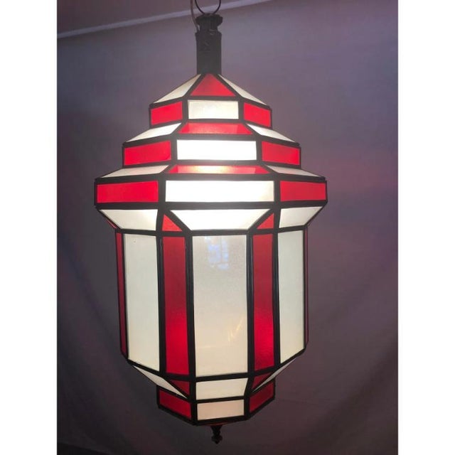 1990s Art Deco Style White Milk & Red Glass Chandelier, Pendant or Lantern, a Pair For Sale - Image 11 of 18
