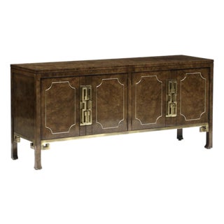 1970s Burl and Brass Greek Key Credenza Attributed to William Doezema for Mastercraft For Sale