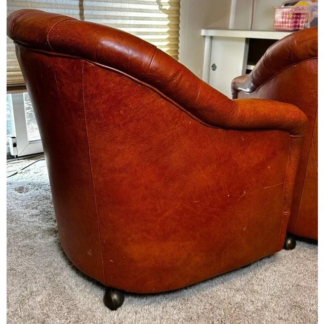 Vintage 1980s Pair of Cognac Tufted Barrel Club Chairs by Classic Leather Inc., Hickory Nc – Top Grain Leather on Brass Shepherd Casters For Sale - Image 10 of 17