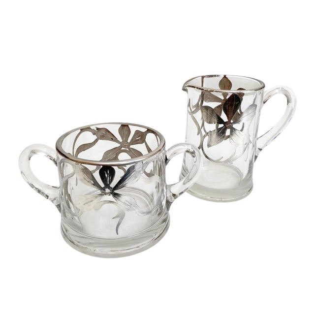 Art Nouveau Vintage Art Nouveau Silver Overlay Creamer and Sugar Bowl Set For Sale - Image 3 of 6