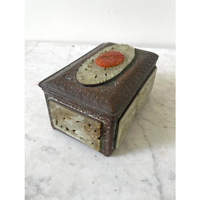 Chinoiserie Rare Chinoiserie 19th Century Carved Jade and Carnelian Copper Box For Sale - Image 3 of 10