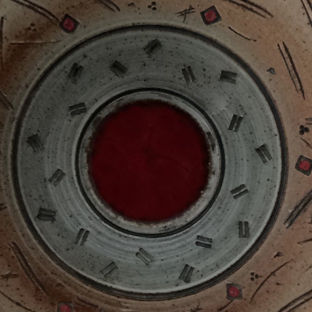Contemporary Handcrafted Art Studio Eartware Wall Decor Platter/Bowl With Raised Central Red Medallion Circa 2013 Signed For Sale - Image 3 of 12