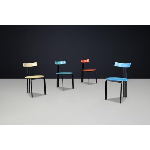 Set of 4 ‘Zeta’ Postmodern Dining Chairs by Harvink, Netherlands, 1980s – Colorful Steel & Plywood Design Icons : A bold...