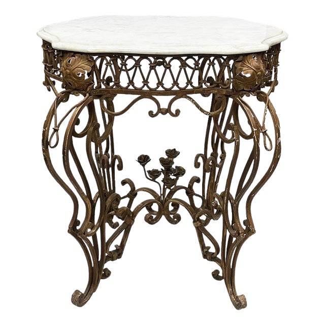 Wrought Iron Side or Center Table with Marble Top, 19th Century For Sale