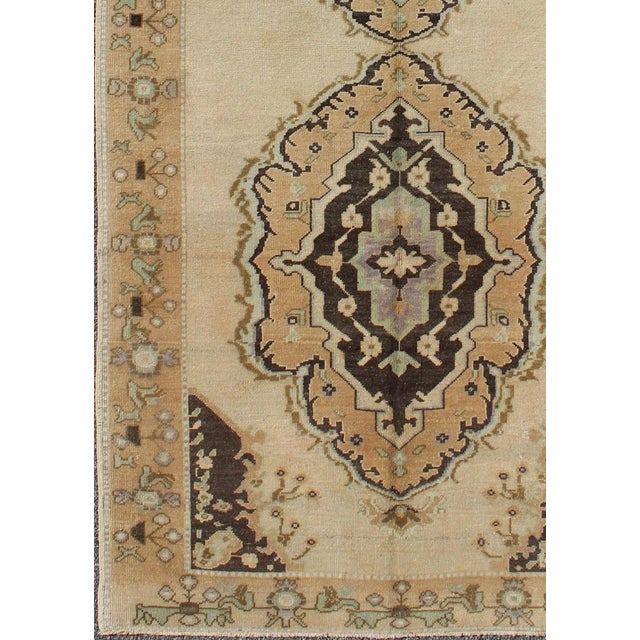 Turkish Vintage Turkish Oushak Gallery Rug With Two Medallions in Taupe, Brown and Cream For Sale - Image 3 of 10