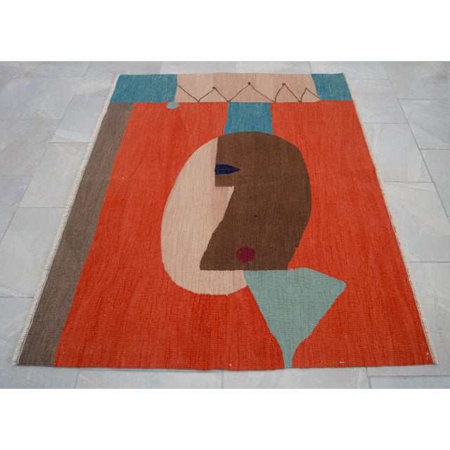 Orange Paul Klee "Clown "Inspired Hand Woven Area Rug & Wall Decor - 3′10″ × 5′4″ For Sale - Image 8 of 14