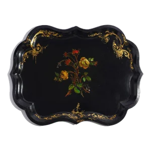 English Tole Tray With Rose Decoration and Mother of Pearl Inlay, C. 1845