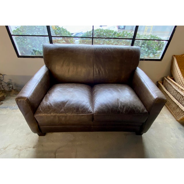 Wood Distressed Brown Leather Sofa Love Seat For Sale - Image 7 of 10