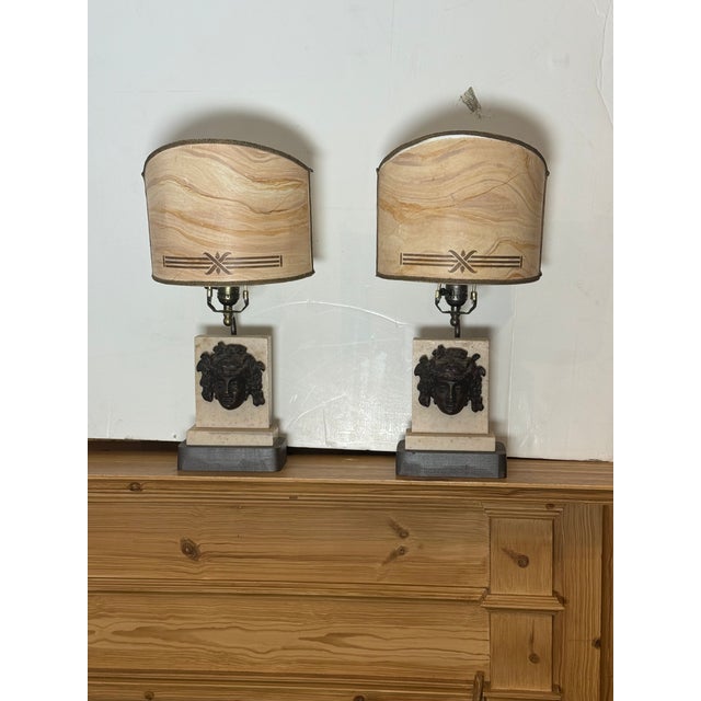 Really a pleasant little pair of Amal Classical Motif Lamps, custom made Faux Marble shades with silk metallic trim.