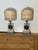 Really a pleasant little pair of Amal Classical Motif Lamps, custom made Faux Marble shades with silk metallic trim.