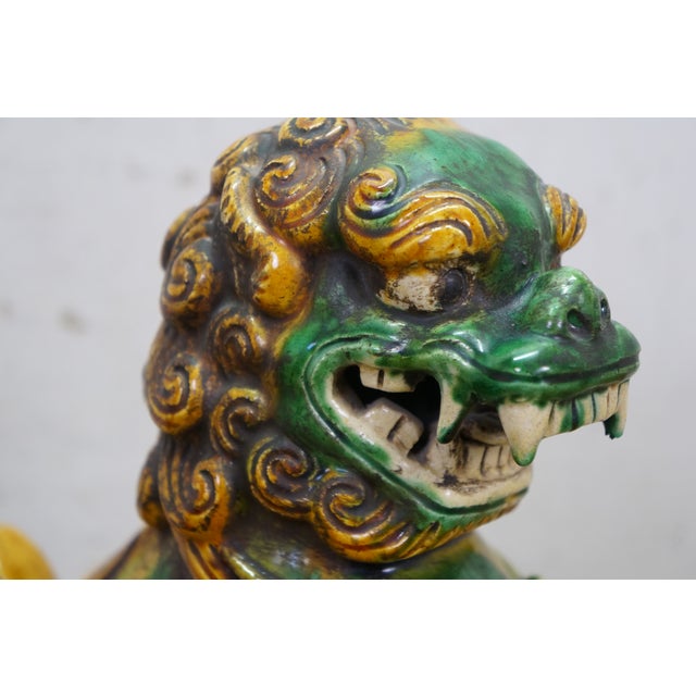 2 Chinese Green Sancai Glazed Porcelain Foo Dog Guardian Lion Statues 12" For Sale - Image 18 of 18