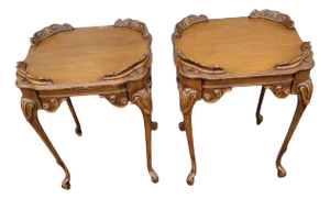 Pair 1930s Country French Walnut Lamp Tables Hand Carved Original Finish