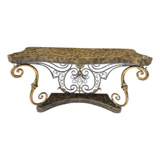 Vintage Henredon Tessellated Stone Console With Sculptural Gold-Tone Scrollwork For Sale