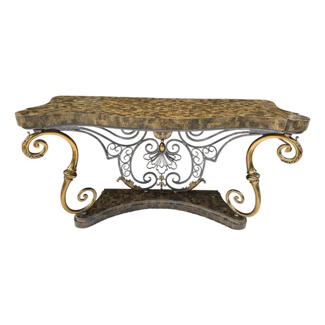 Vintage Henredon Tessellated Stone Console With Sculptural Gold-Tone Scrollwork For Sale
